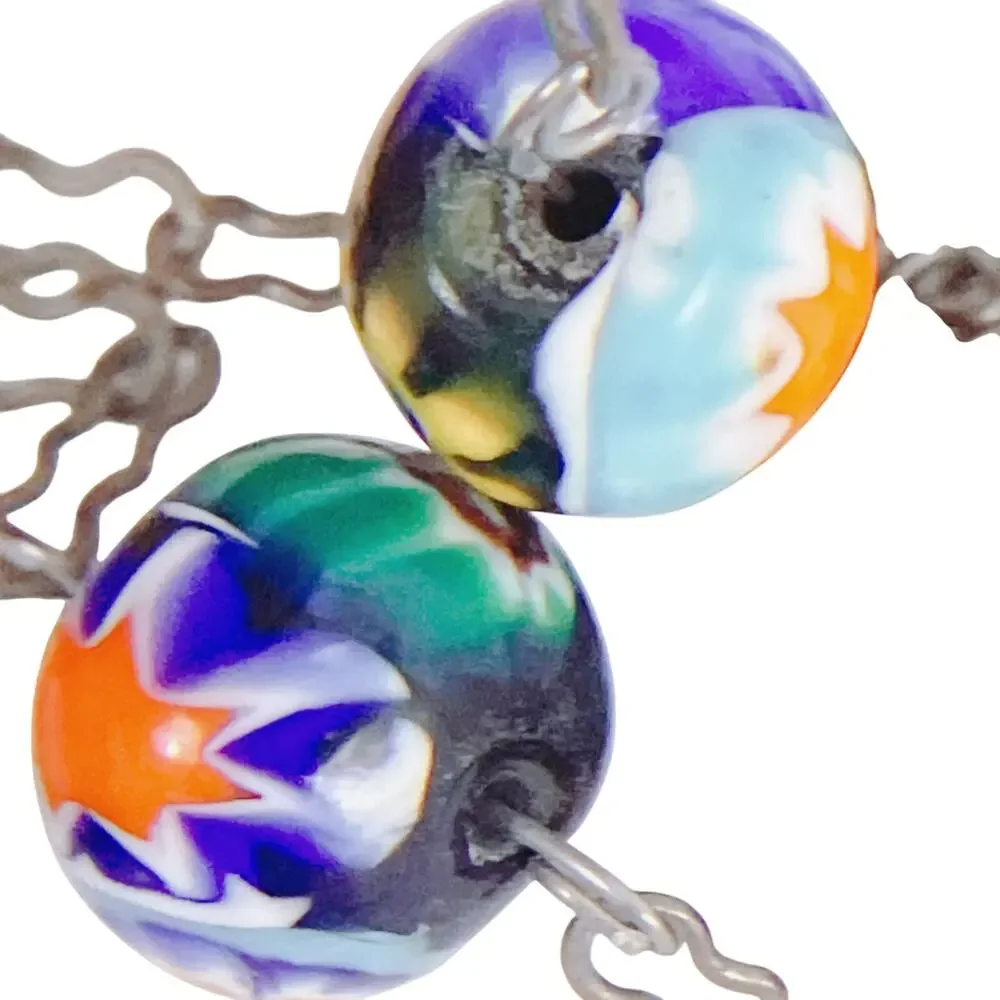 VTG 1950s 60s Millefiori Glass Bead Necklace Long Opera Silver Tone 54